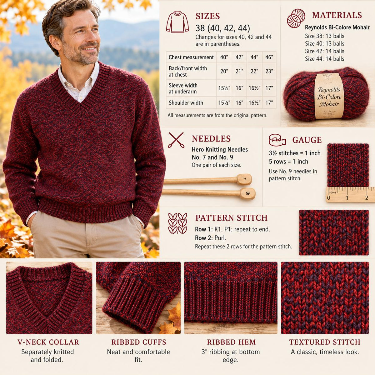 Men's Classic V-Neck Pullover Knitting Pattern